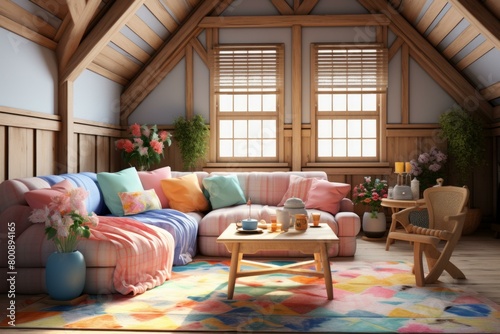 A cozy living room with a sofa, coffee table, rug, flowers, and windows