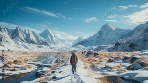A lone hiker traverses a snowy mountain landscape with a backpack photo
