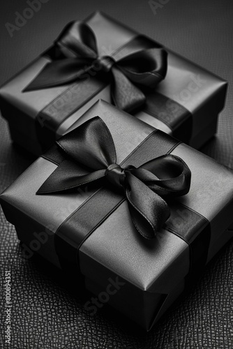 Two black gift boxes with black ribbons