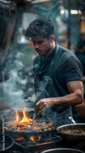 Young male chef cooking over an open fire