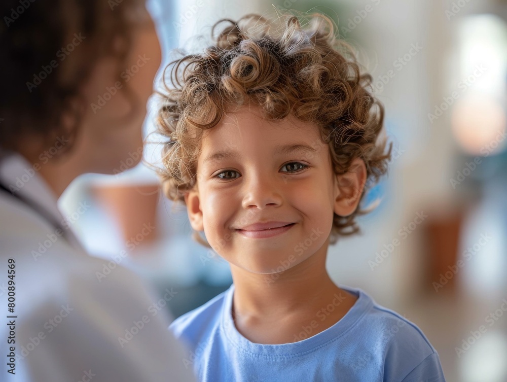 Curly-haired boy smiling at the doctor Curly-haired boy smiling at the doctor