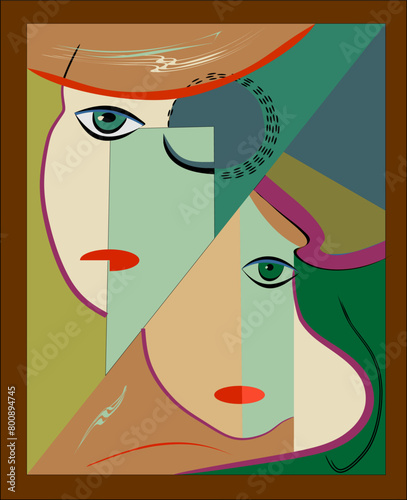 A geometrically stylized portrait is depicted, showcasing two overlapping faces in a cubist manner. Bold colors , giving the piece a modern and artistic flair.