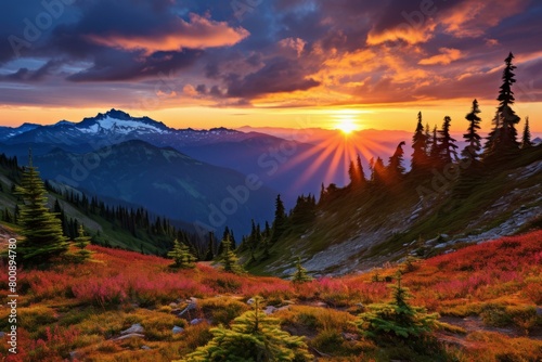 Mountains in the distance with a beautiful sunset and colorful flowers in the foreground