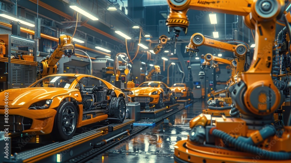 Orange high-performance sports cars being assembled by precision robotic arms in an advanced automotive factory.