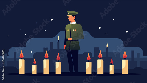 A lone soldier stands at attention in a candlelit vigil honoring their fallen comrades and remembering the battles they fought together. The candles. Vector illustration