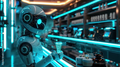 A sophisticated robot barista skillfully prepares and serves coffee in a modern, futuristic cafe setting.