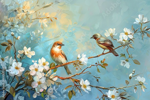 Two Birds on Tree Branch Digital Artwork - White Flowers, Morning Light, Autumn Landscape © Michael