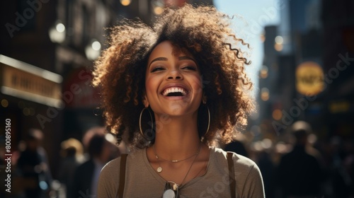 Portrait of a beautiful young woman with curly hair smiling in the city