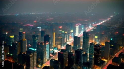 Nighttime Urban Skyline : Cityscape with Skyscrapers, Buildings, and Lights in New York, Hong Kong or Bangkok photo