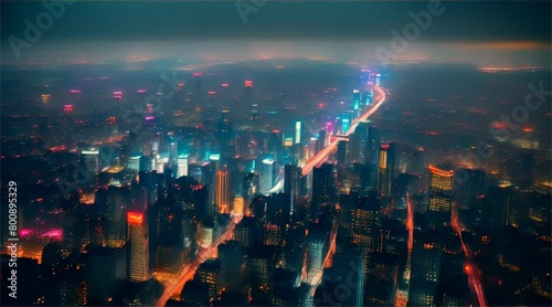 Nighttime Urban Skyline : Cityscape with Skyscrapers, Buildings, and Lights in New York, Hong Kong or Bangkok