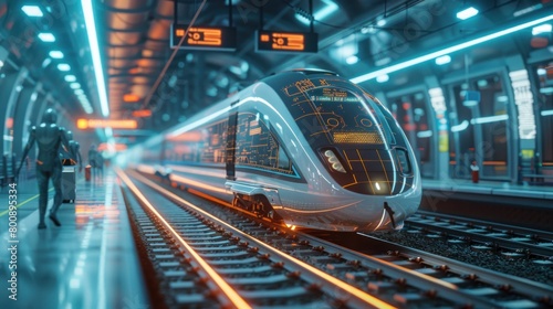 A futuristic high-speed train with a transparent holographic interface awaits passengers in a modern, illuminated station.