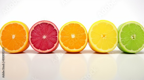 Five halves of various citrus fruits photo