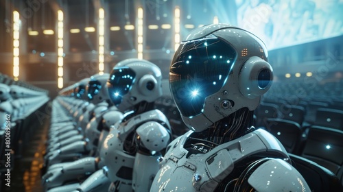A congregation of humanoid robots attentively watches a presentation in a futuristic conference hall with dynamic lighting.