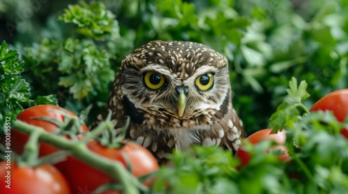 Little Owl Athene noctua in a vegetable garden with tomatoes photo