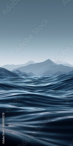 Deep Blue Ocean Water Surface with Mountain Range in the Distance