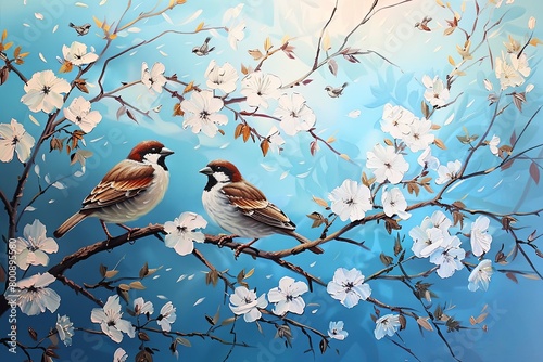 Two Birds among White Flowers on Tree Branch: Autumn Sparrows in Morning Light Oil Painting