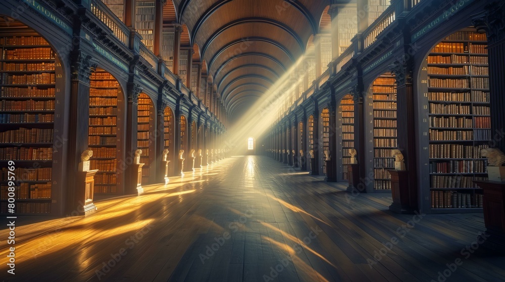 Trinity College Library illuminated by sunlight shining through stained glass windows
