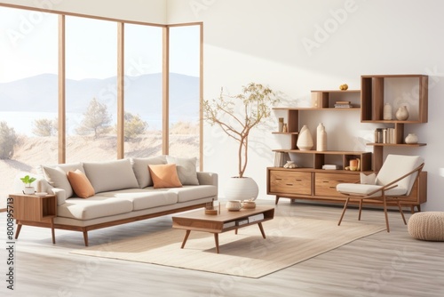 Modern living room interior with sofa  coffee table  rug  and bookshelf