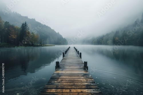 Wooden dock extending out into a foggy lake with trees on the shore