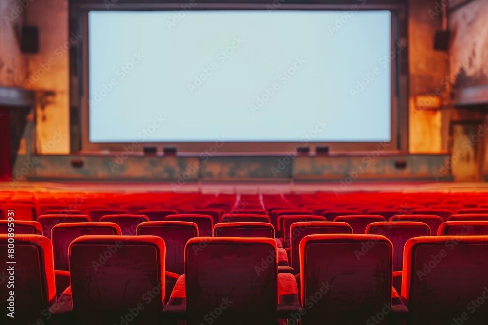 Empty retro cinema auditorium with red velvet seats and a blank screen