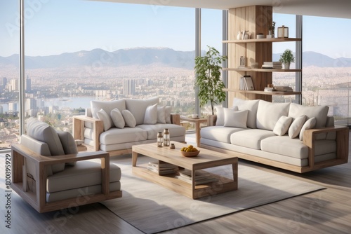 Modern living room interior design with large windows and city view © Adobe Contributor