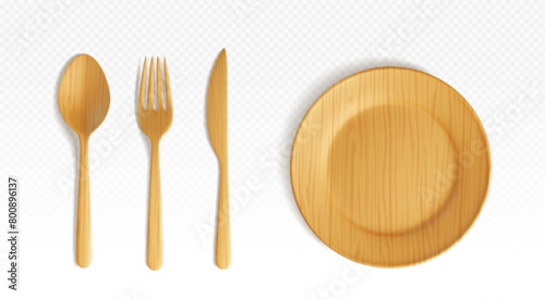 3d wood cutlery plate and spoon top view vector illustration. Empty bamboo tableware for food isolated. Disposable kitchenware bowl for pizza on dinner meal or picnic. Realistic eco friendly dish