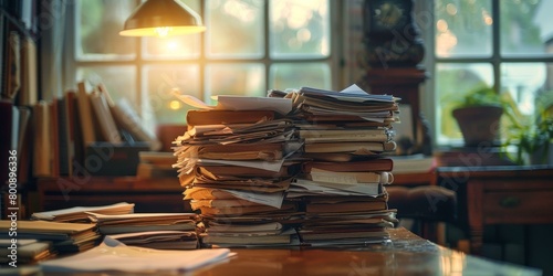 A stack of old books and papers on a wooden table in front of a window. photo
