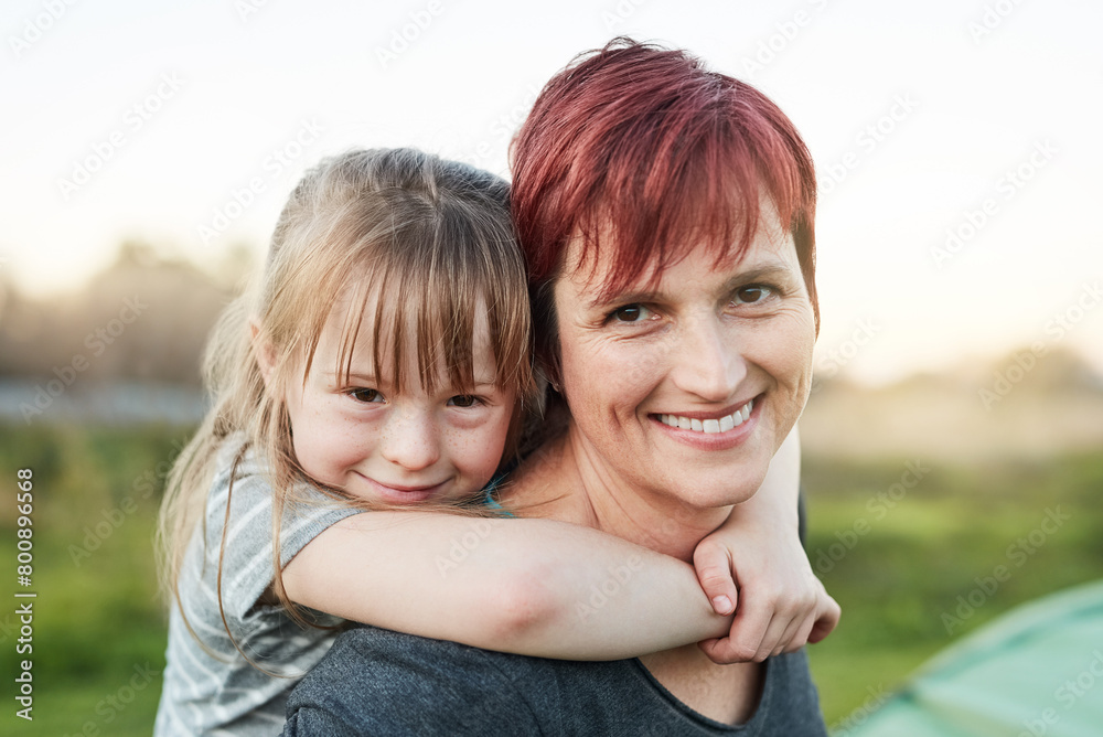 Piggyback, girl and portrait with mother at countryside for summer travel, vacation and journey on mothers day. Kid, woman and face with happiness in nature for holiday, motherhood and adventure Piggyback, girl and portrait with mother at countryside for summer travel, vacation and journey on mothers day. Kid, woman and face with happiness in nature for holiday, motherhood and adventure