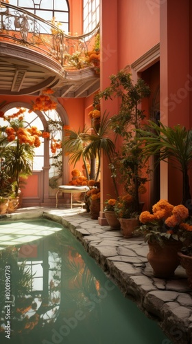 Indoor garden with orange walls and a blue swimming pool