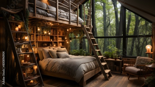 A cozy bedroom with a lofted bed and a view of the forest © Adobe Contributor