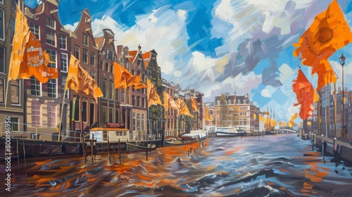 Dutch King's Day flags, a sea of orange against Amsterdam's canal houses, paint