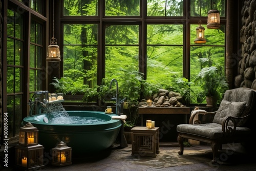 Tranquil forest house with bathtub and lush greenery