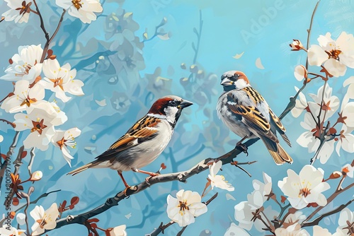 Autumn Sparrows: Two Birds on Tree with White Flowers - Vertical Oil Painting Digital Illustration