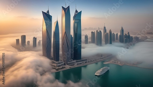 Aerial view of Qatar Energy building west bay during fog
