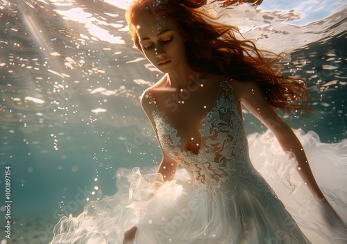 Redhead Bride Floating Underwater in White Dress