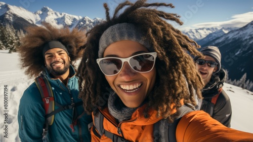 Three happy friends taking a selfie on a snowy mountaintop