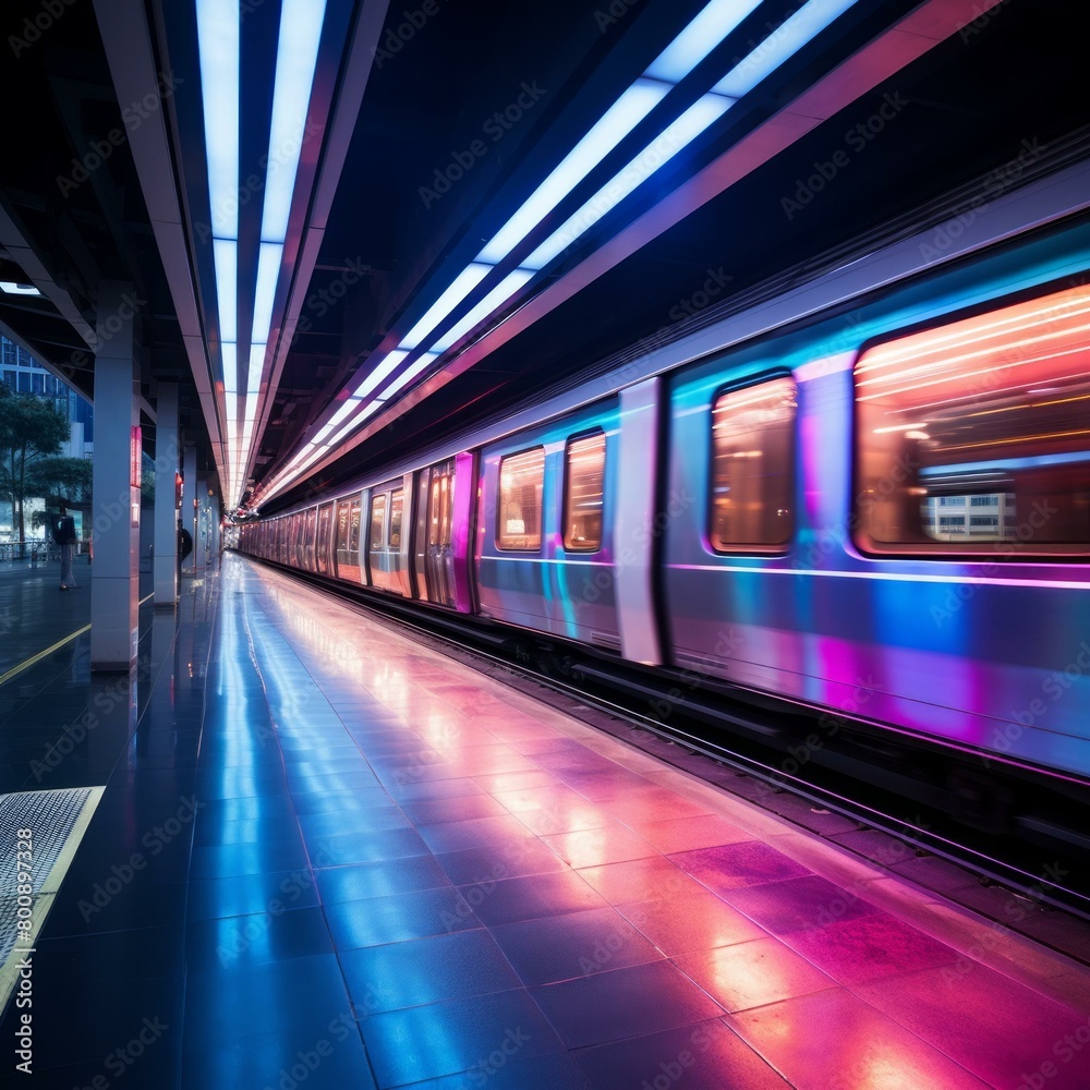 A subway train speeds through a modern station with colorful lights