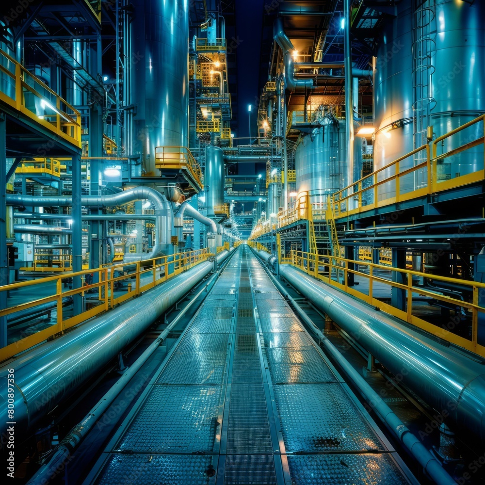 A blue and yellow industrial plant with many pipes and catwalks