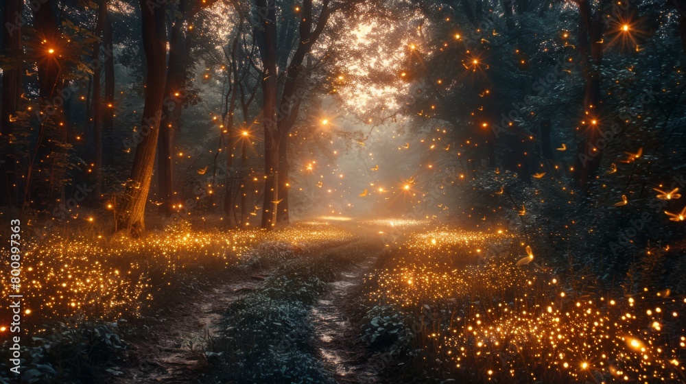 Fototapeta premium An enchanting scene of fireflies illuminating the darkness of a forest clearing, their bioluminescent glow casting an otherworldly ambiance that