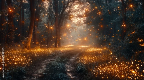 An enchanting scene of fireflies illuminating the darkness of a forest clearing, their bioluminescent glow casting an otherworldly ambiance that photo