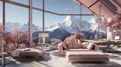 pink modern house interior mountain view photo