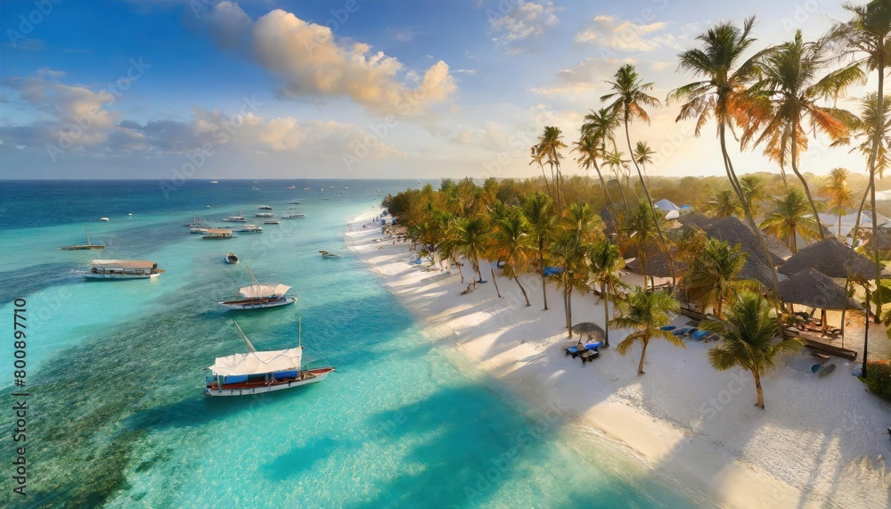 Aerial view of white sandy beach with palm trees, umbrellas, yachts, boats, blue ocean,