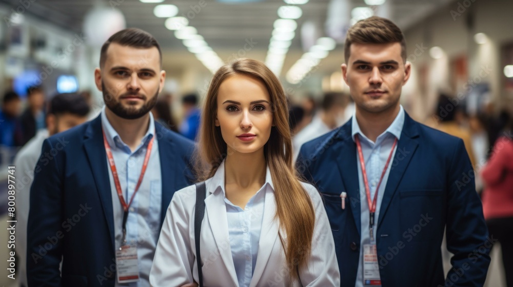 Three young professionals in suits posing for a photo at a conference Three young professionals in suits posing for a photo at a conference