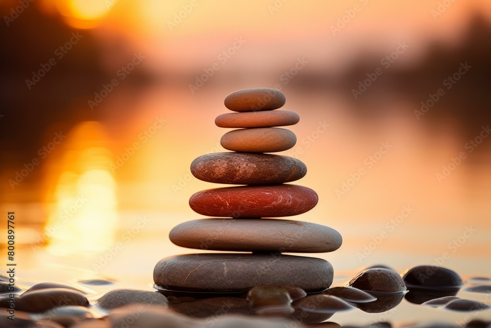 Stones stacked on each other on a beach with the sunset in the background Stones stacked on each other on a beach with the sunset in the background