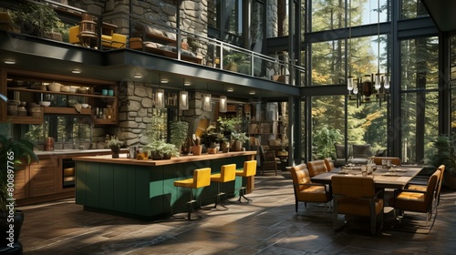 kitchen island with green cabinets and yellow chairs in a modern house