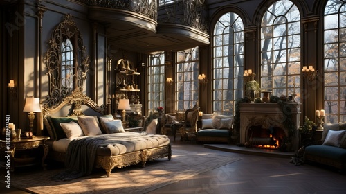 Ornate bedroom with fireplace and large windows photo