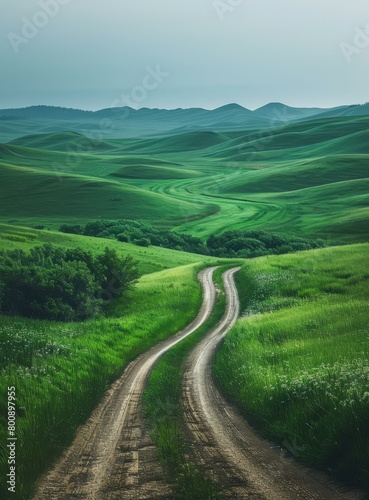 Countryside dirt road through green rolling hills