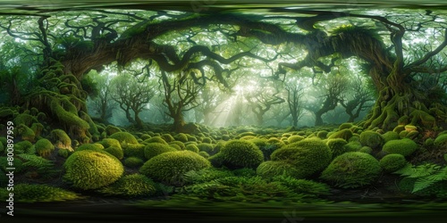 An immersive 360-degree panorama of a mystical fairy tale forest  with ancient trees and moss-covered rocks creating an