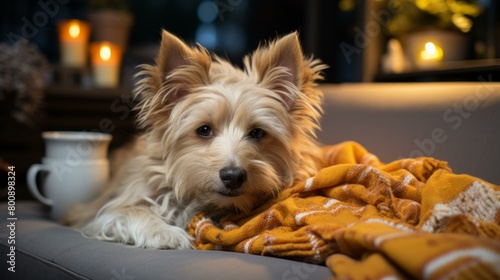 A cute dog is lying on a blanket on a couch with a cup and candles in the background © Adobe Contributor