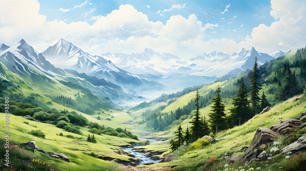 Fototapeta premium Digital watercolor forest landscape abstract graphic poster web page PPT background